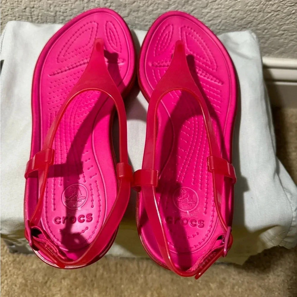 Crocs Women’s S Really Sexi Pink Jelly T-Strap Sandals Velcro Buckle Wedge Sz 9 - Picture 8 of 8